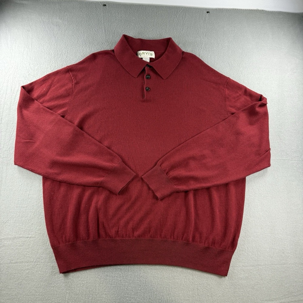 ORVIS Polo Sweater Men XXL 2XL Cotton Silk Cashmere Long Sleeve Maroon Collared